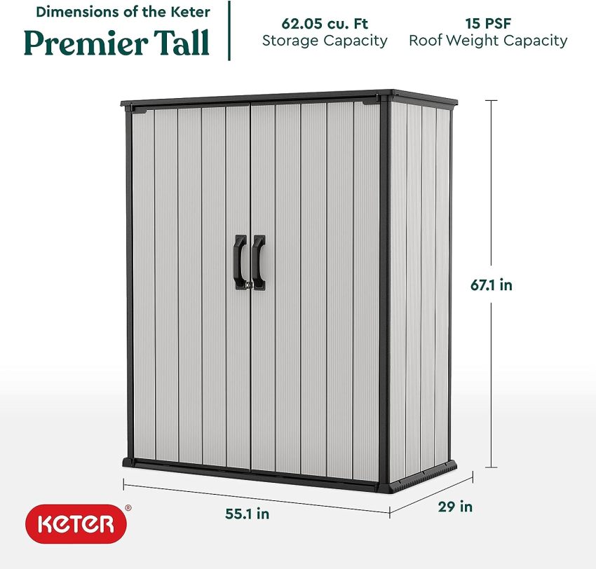 Keter Premier Tall 4.6 x 5.6 ft. Resin Outdoor Storage Shed with Shelving Brackets for Patio Furniture, Pool Accessories, and Bikes, Grey & Black
