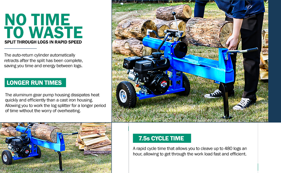 Landworks Log Splitter Portable 20 Ton Rapid Auto Return Ram System Bucher Gear Pump 7HP Engine Horizontal Full Beam Steel Wedge Firewood Splitting Forestry Harvesting