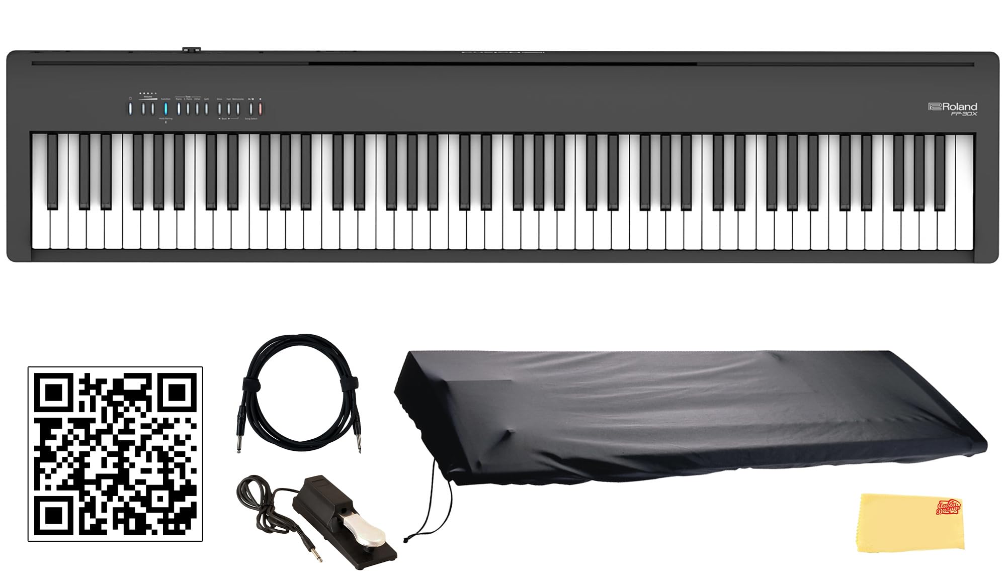 Roland FP-10 Digital Piano - Black Bundle with KSC-FP10 Stand, Bench, Sustain Pedal, Instructional Book, Online Lessons, Instructional DVD, and Austin Bazaar Polishing Cloth