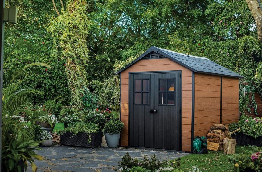 Keter Newton 7.5x11 Large Resin Outdoor Storage Shed Kit – Perfect to Store Patio Furniture, Garden Tools, Bike Accessories, and Lawn Mower, Mahogany Brown