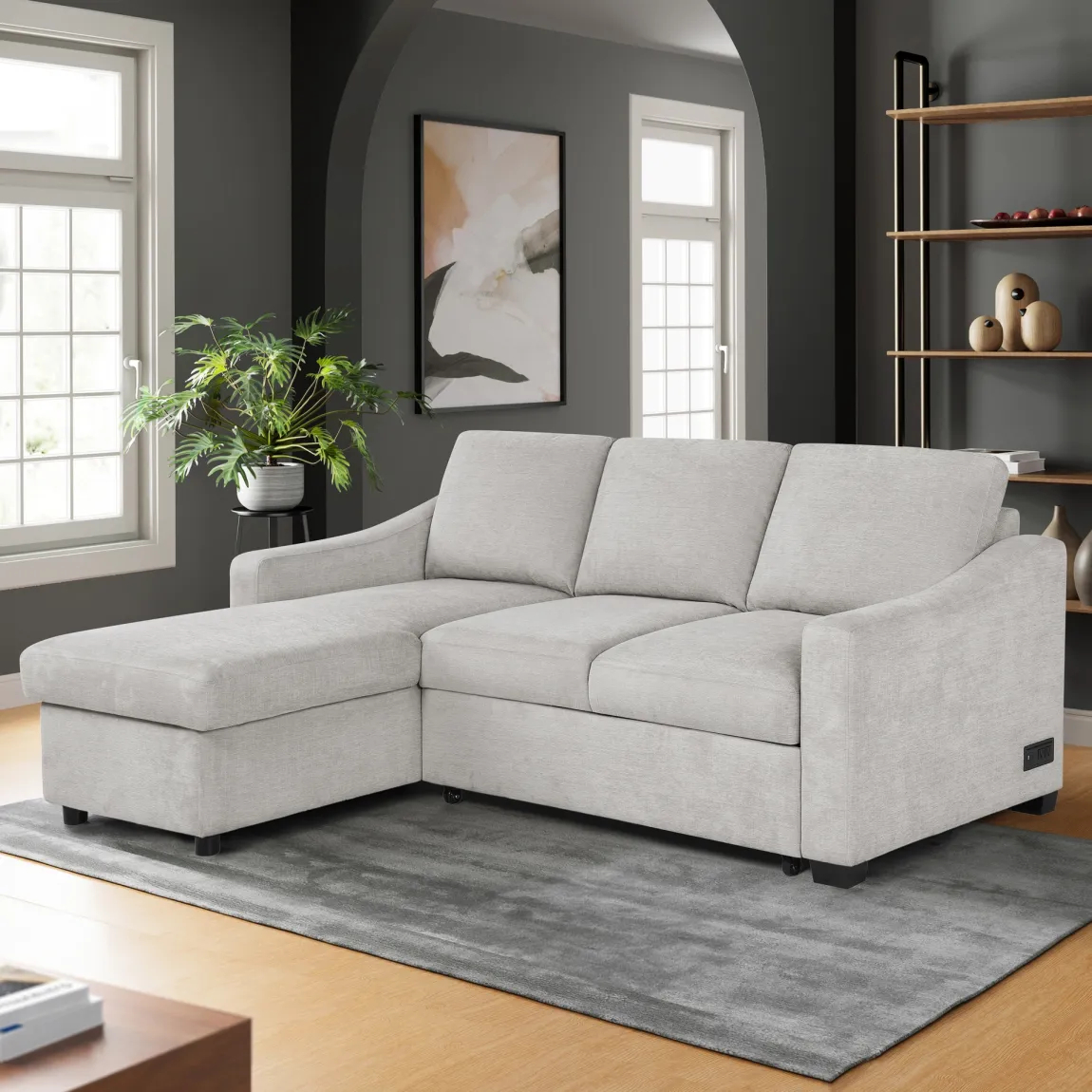Coddle Aria Fabric Sleeper Sofa with Reversible Chaise and Storage, Beige/Gray