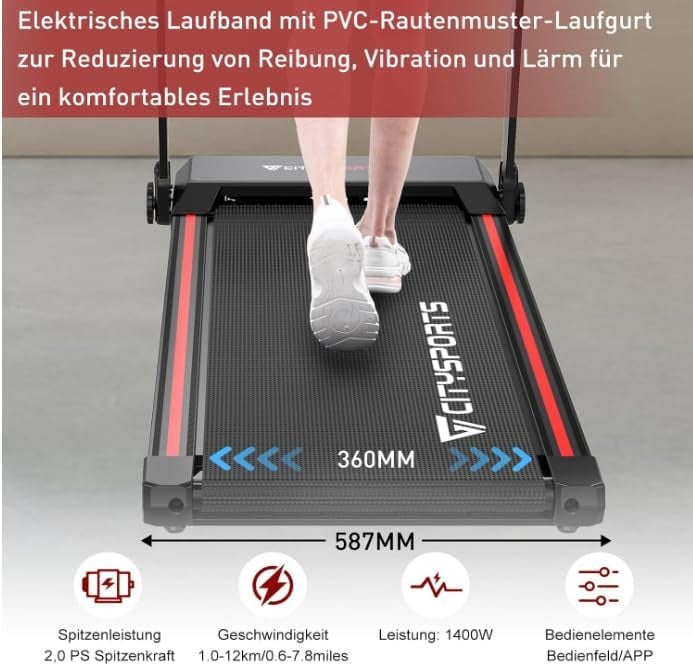 CITYSPORTS Elektrische Loopband, Opvouwbare Loopband voor Thuis tot 12 km/u, met LED Display, APP en 360° Tablet Houder, Compacte Wandelband voor Thuis en Kantoor