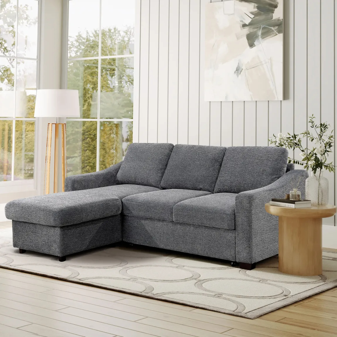 Coddle Aria Fabric Sleeper Sofa with Reversible Chaise and Storage, Beige/Gray