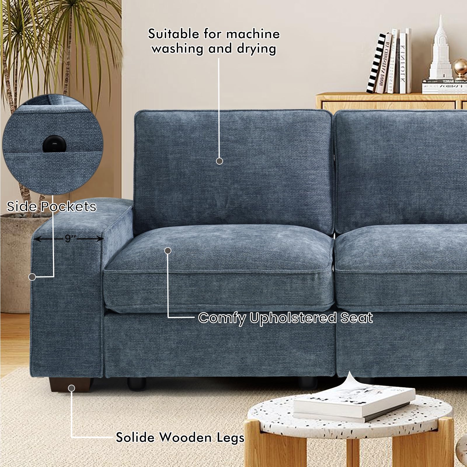 TEKAMON 100 Modular Sectional Sofa with Seats Storage, L Shaped Couch with Movable Ottoman, Chenille Fabric Couch for Living Room, Office, Apart W/Deep Seat, USB Charging,Removable Cover