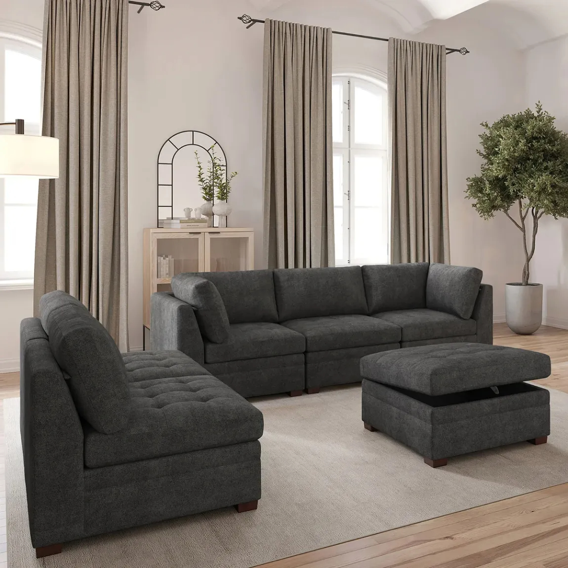 Thomasville Tisdale Modular Sectional 6-piece Beige/Gray with Storage Ottoman