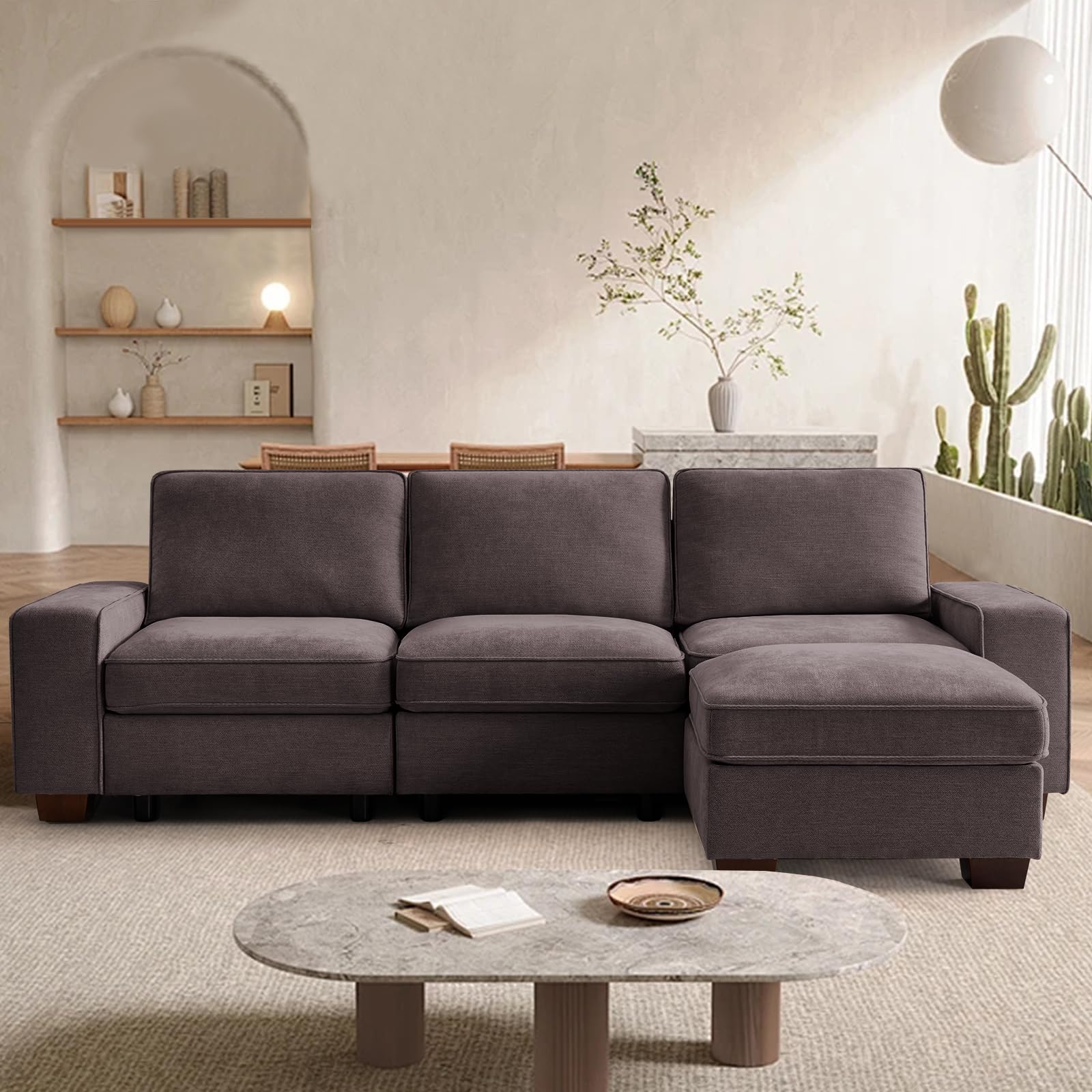 TEKAMON 100 Modular Sectional Sofa with Seats Storage, L Shaped Couch with Movable Ottoman, Chenille Fabric Couch for Living Room, Office, Apart W/Deep Seat, USB Charging,Removable Cover