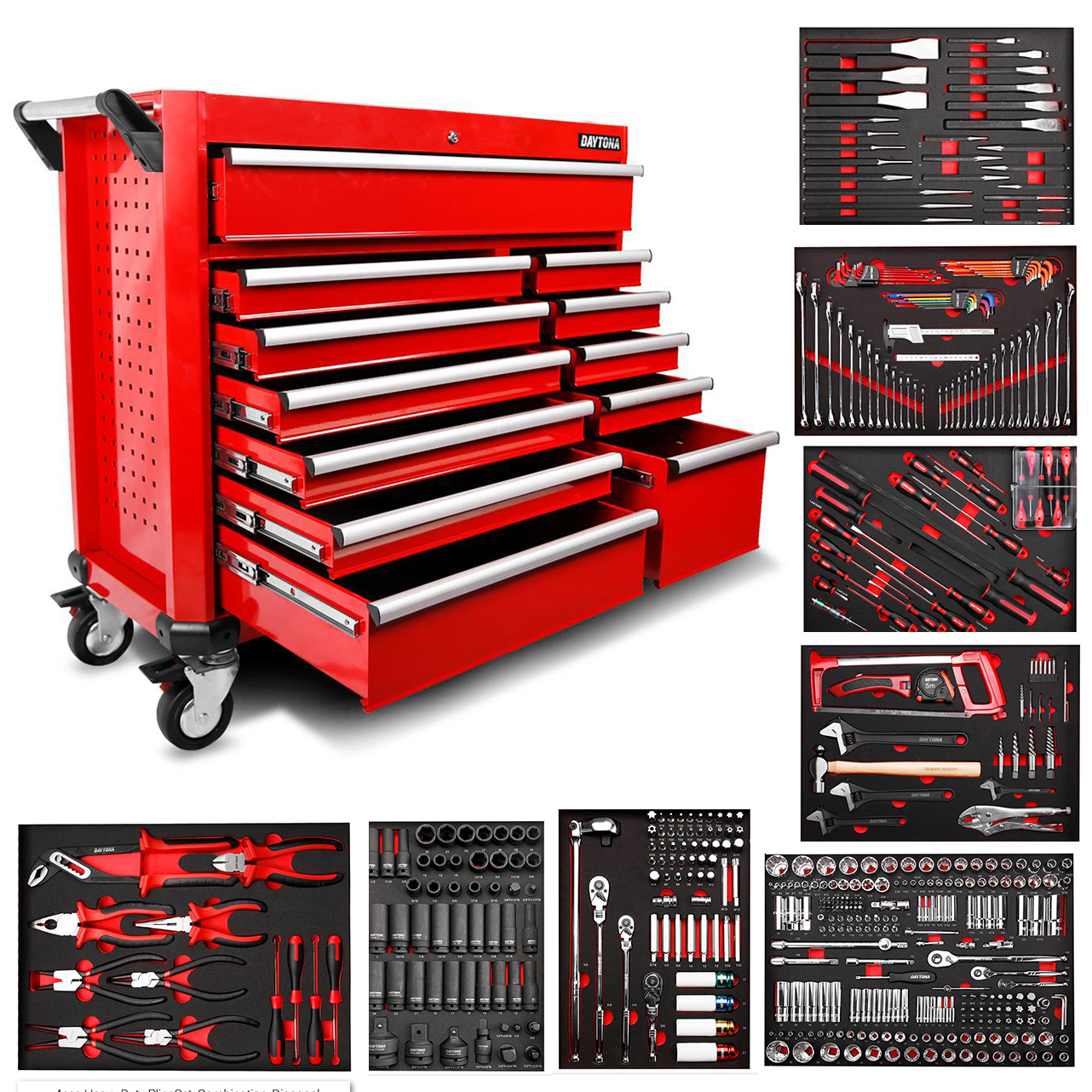 Daytona 655 Piece Mechanical Tool Set with 43 12 Drawer Red Roller Cabinet