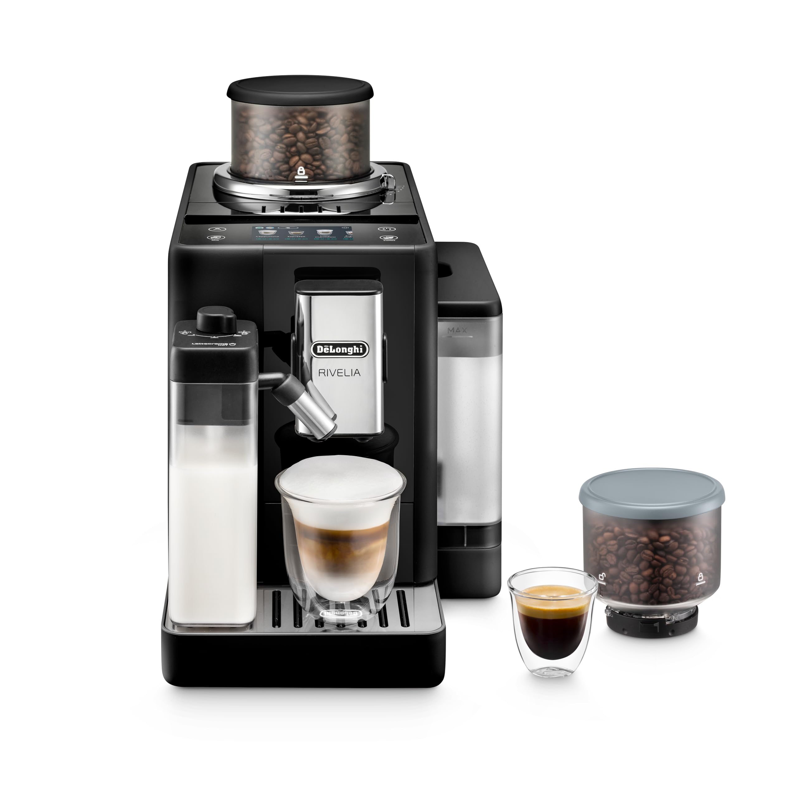 De'Longhi Rivelia Automatic Espresso Machine with Grinder & Milk Frother – All-in-One Coffee Maker, Hot & Iced Latte, Cappuccino, Bean Switch System, Burr Grinder, Compact Italian Design
