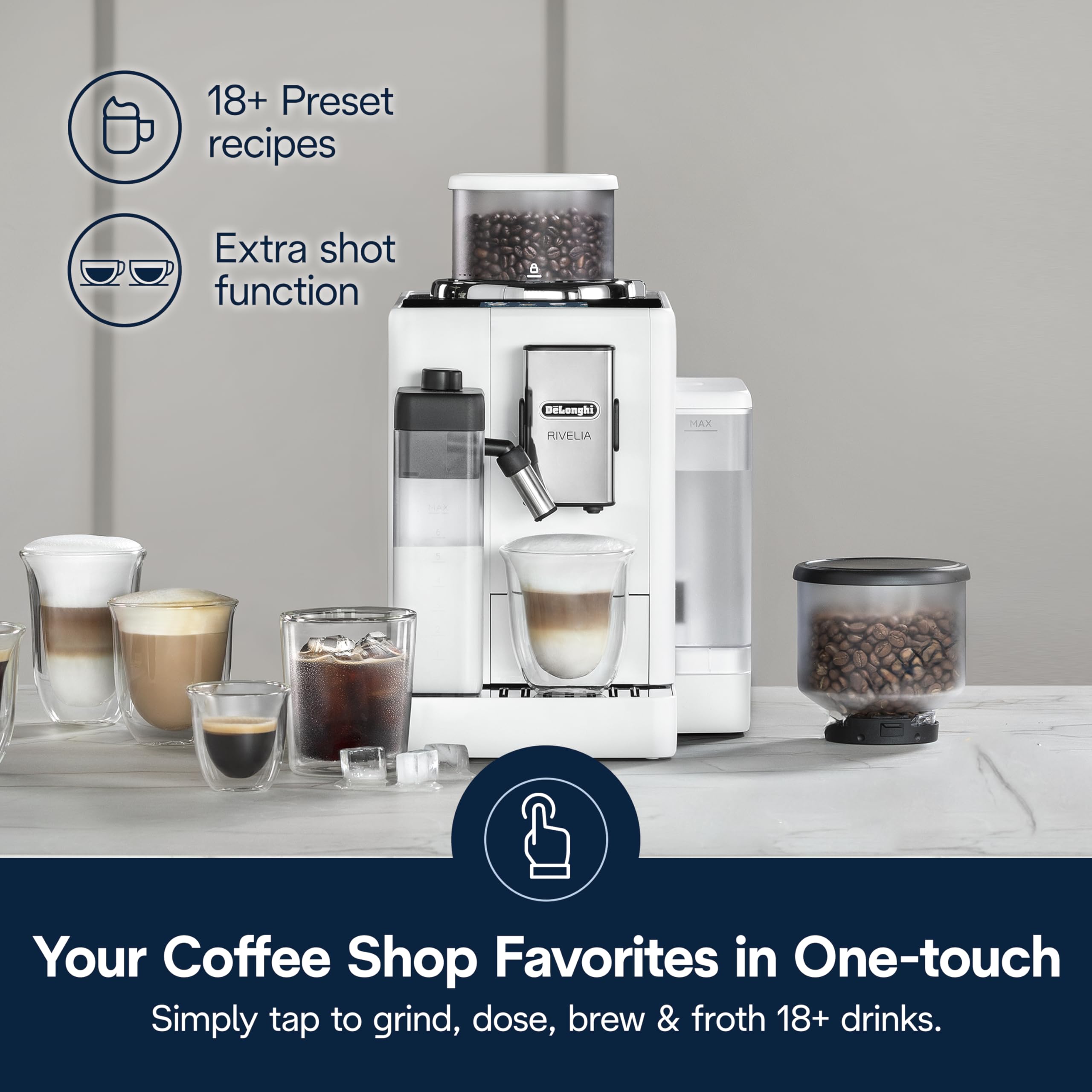 De'Longhi Rivelia Automatic Espresso Machine with Grinder & Milk Frother – All-in-One Coffee Maker, Hot & Iced Latte, Cappuccino, Bean Switch System, Burr Grinder, Compact Italian Design