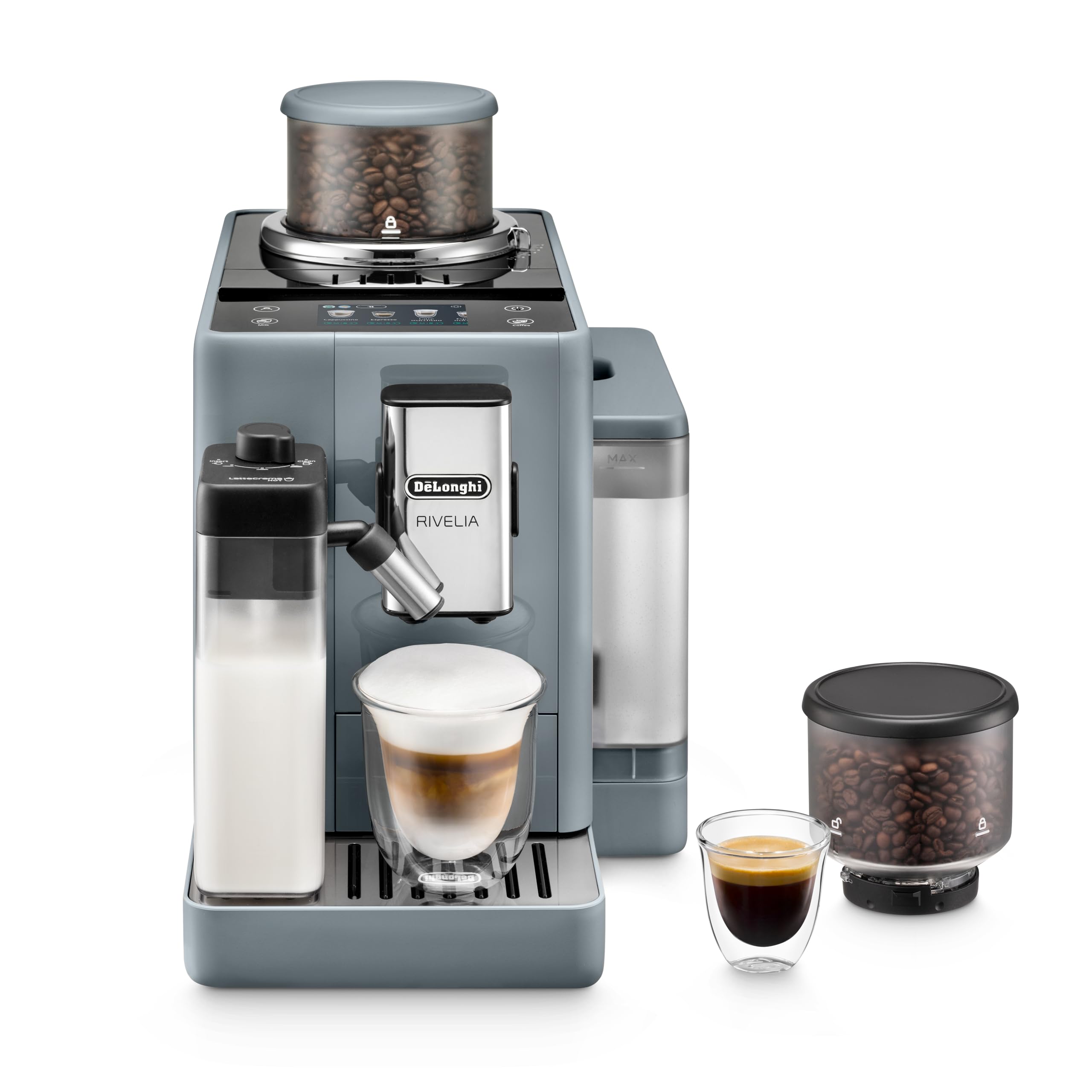 De'Longhi Rivelia Automatic Espresso Machine with Grinder & Milk Frother – All-in-One Coffee Maker, Hot & Iced Latte, Cappuccino, Bean Switch System, Burr Grinder, Compact Italian Design