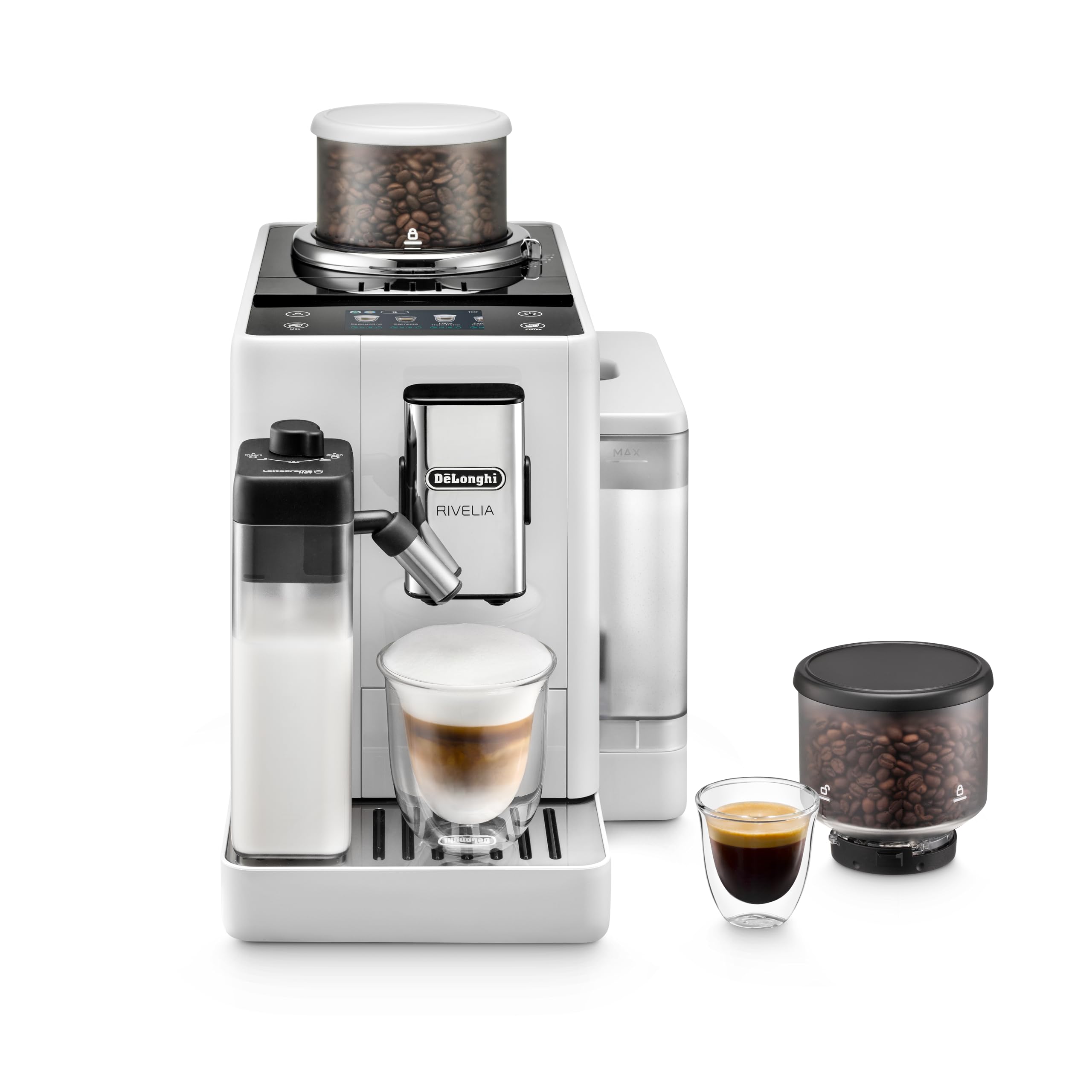 De'Longhi Rivelia Automatic Espresso Machine with Grinder & Milk Frother – All-in-One Coffee Maker, Hot & Iced Latte, Cappuccino, Bean Switch System, Burr Grinder, Compact Italian Design