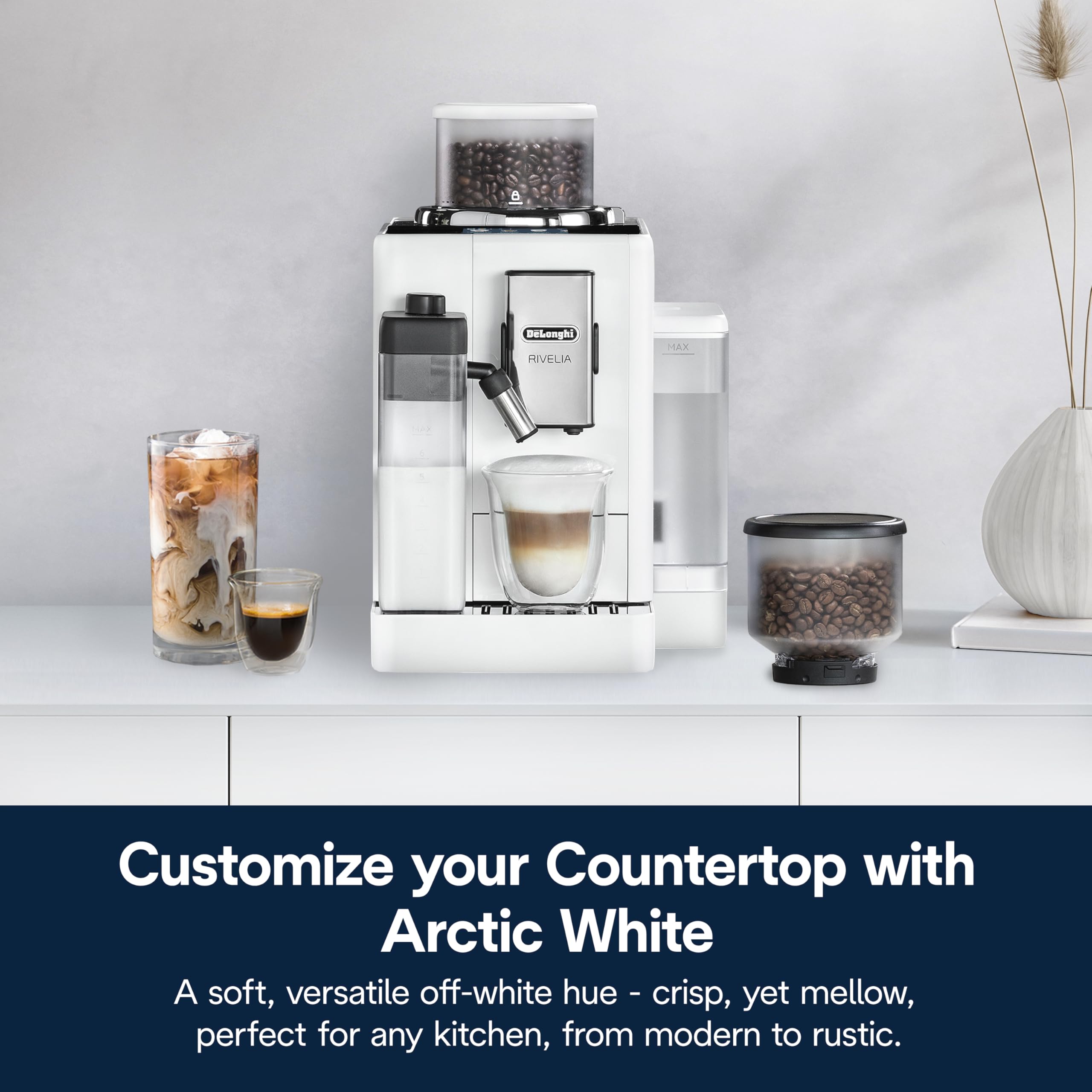 De'Longhi Rivelia Automatic Espresso Machine with Grinder & Milk Frother – All-in-One Coffee Maker, Hot & Iced Latte, Cappuccino, Bean Switch System, Burr Grinder, Compact Italian Design