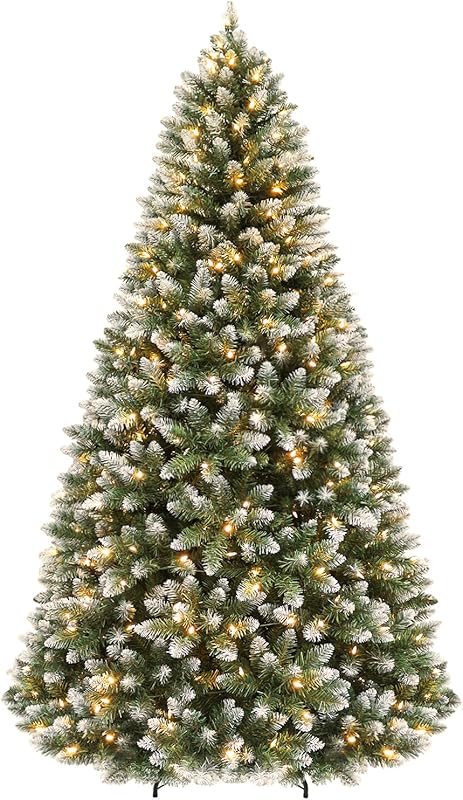 7.5ft Lighted Snow Flocked Christmas Tree, 450 Multicolor LED Lights, Artificial Christmas Tree with 1446 Branch Tips, Metal Stand & Hinged Branches for Decoration, 10 Modes