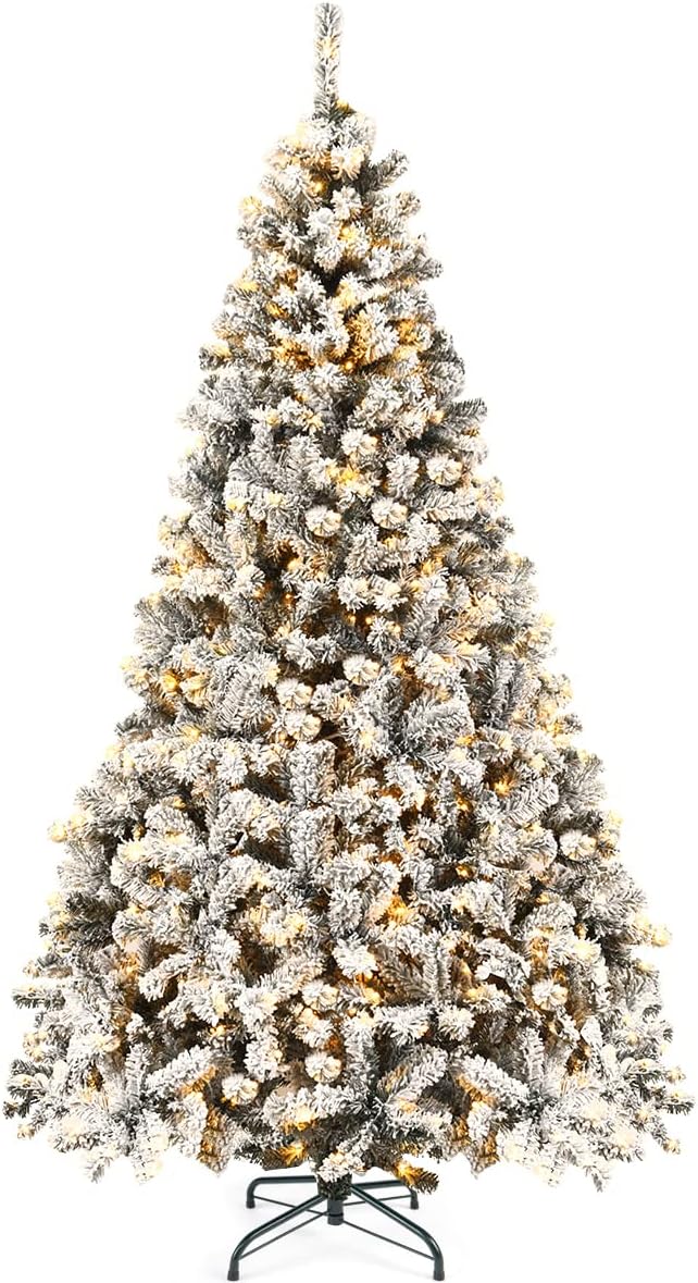 Goplus 7.5ft Pre-Lit Artificial Christmas Tree, Premium PVC Snow Flocked Hinged Pine Tree with Metal Stand and LED Lights, Perfect Xmas Decoration for Indoor and Outdoor