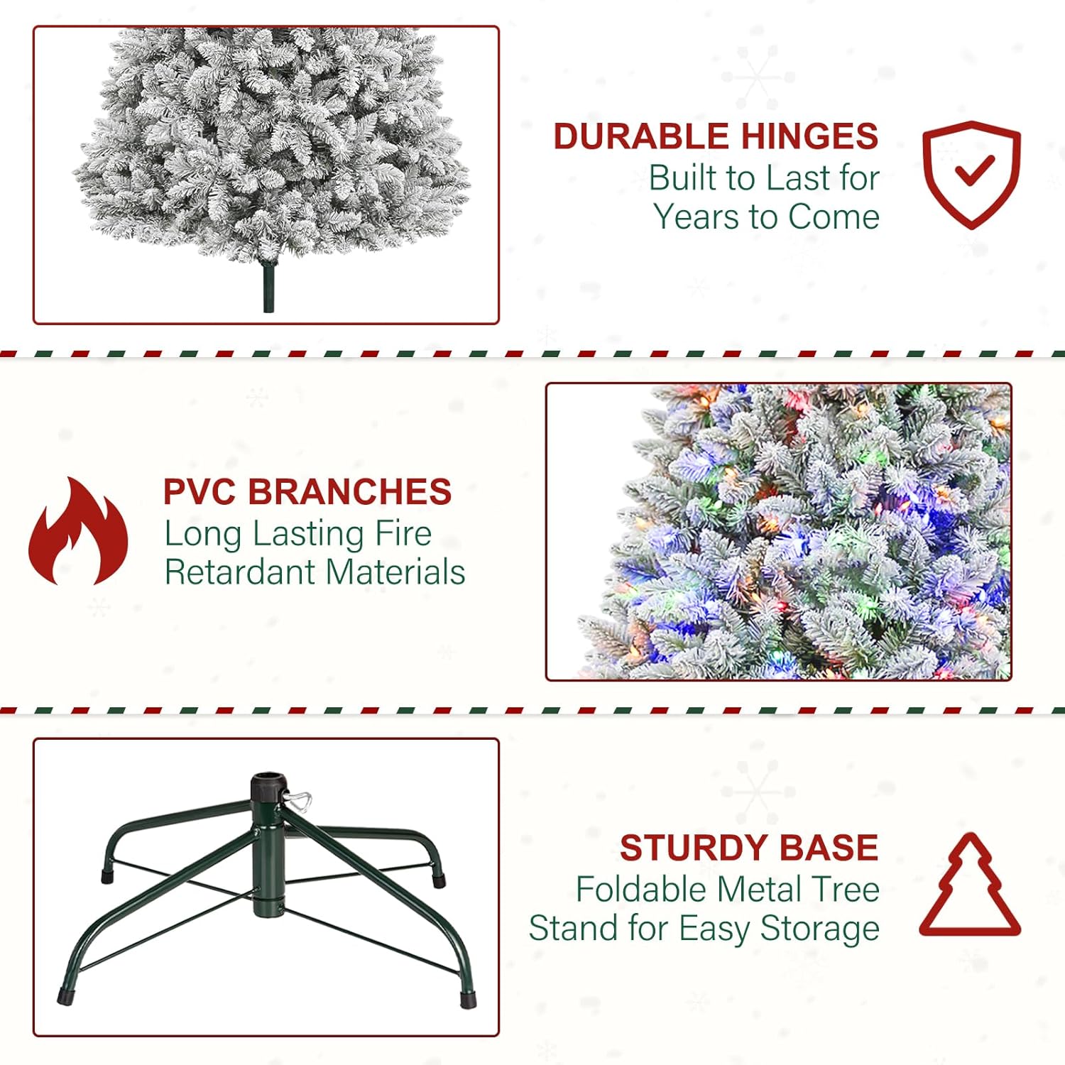 7.5ft Lighted Snow Flocked Christmas Tree, 450 Multicolor LED Lights, Artificial Christmas Tree with 1446 Branch Tips, Metal Stand & Hinged Branches for Decoration, 10 Modes