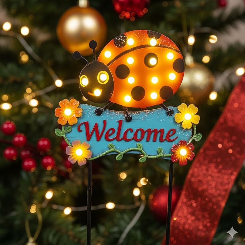 Metal Reindeer Christmas Decoration with LED Lights, Pine Leaves & Berry, 2 Pack Metal Christmas Yard Stakes for Garden, Lawn, Pathway, Porch Holiday Gift