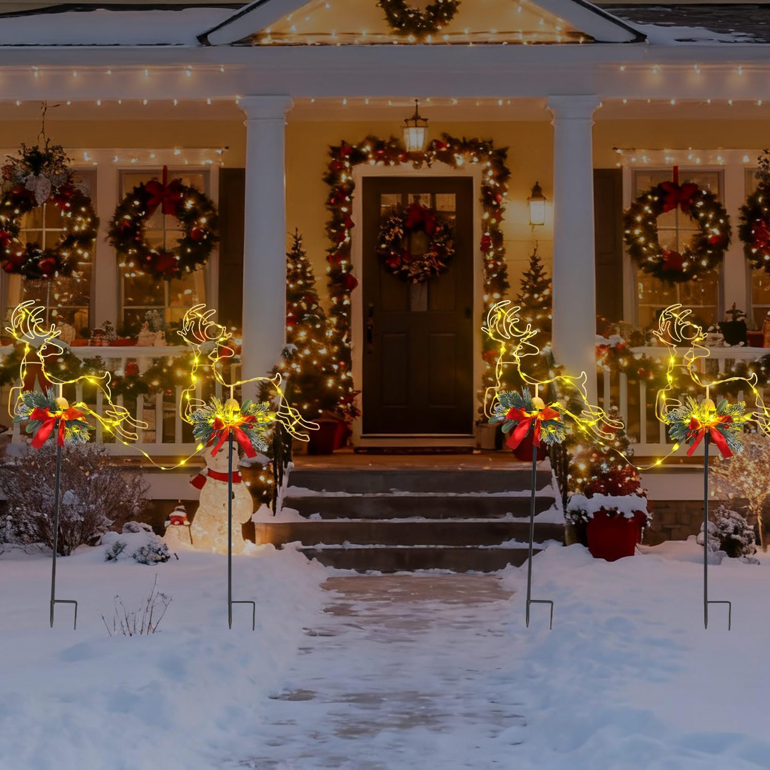 Metal Reindeer Christmas Decoration with LED Lights, Pine Leaves & Berry, 2 Pack Metal Christmas Yard Stakes for Garden, Lawn, Pathway, Porch Holiday Gift