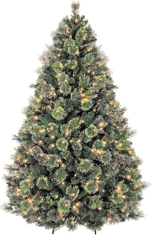 7.5ft Lighted Snow Flocked Christmas Tree, 450 Multicolor LED Lights, Artificial Christmas Tree with 1446 Branch Tips, Metal Stand & Hinged Branches for Decoration, 10 Modes
