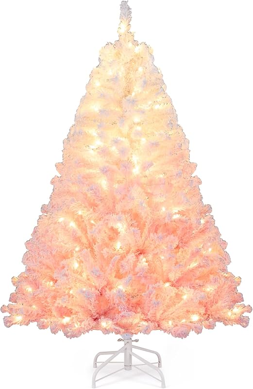 Goplus 7.5ft Pre-Lit Artificial Christmas Tree, Premium PVC Snow Flocked Hinged Pine Tree with Metal Stand and LED Lights, Perfect Xmas Decoration for Indoor and Outdoor