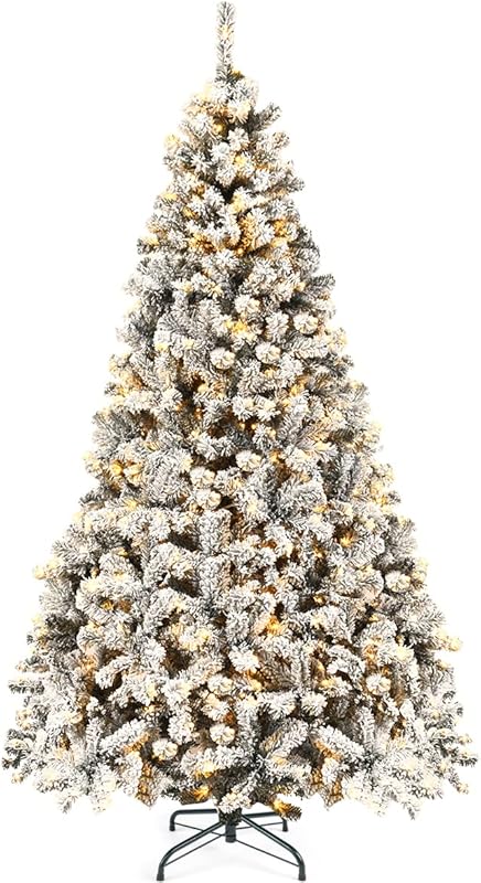 Goplus 7.5ft Pre-Lit Artificial Christmas Tree, Premium PVC Snow Flocked Hinged Pine Tree with Metal Stand and LED Lights, Perfect Xmas Decoration for Indoor and Outdoor
