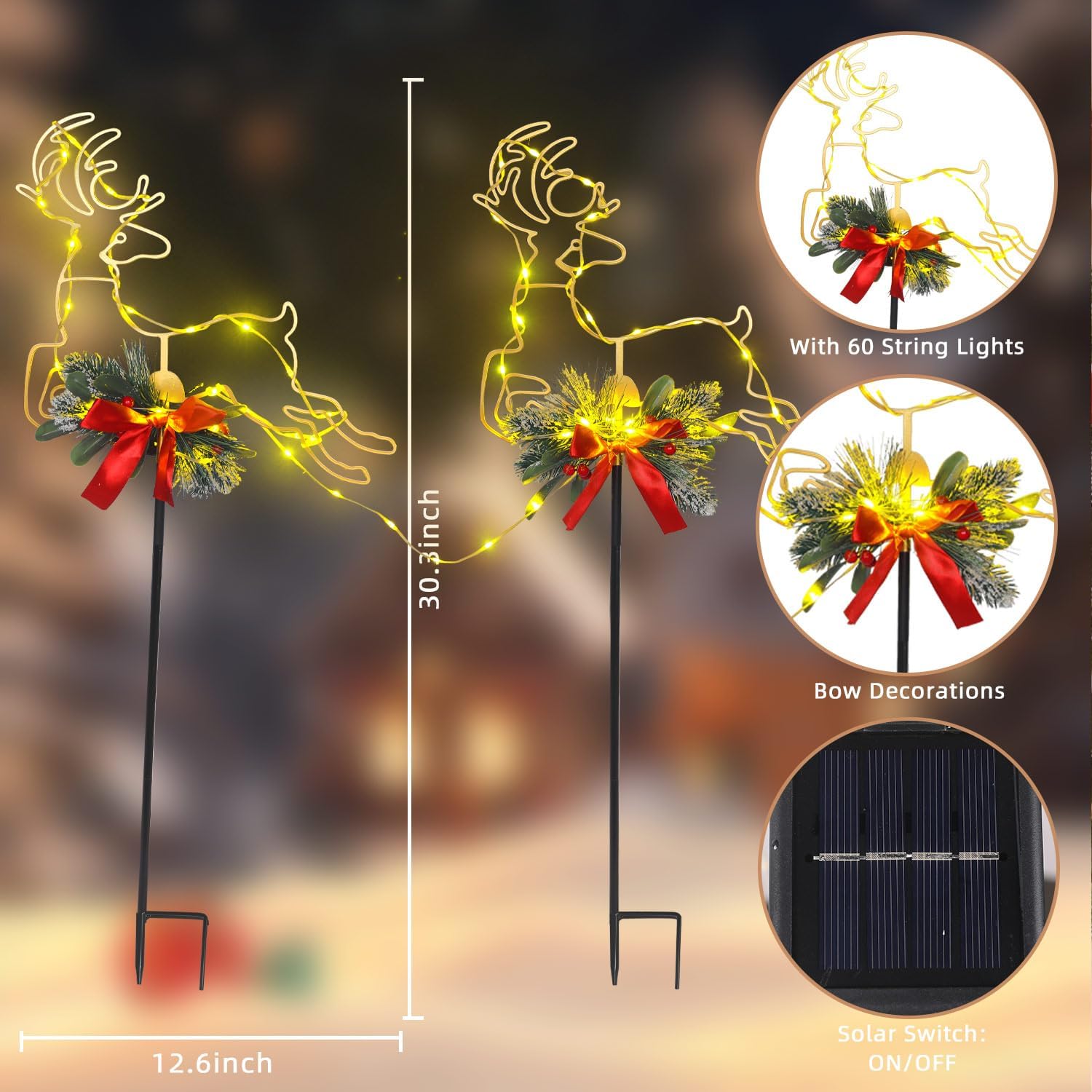 Metal Reindeer Christmas Decoration with LED Lights, Pine Leaves & Berry, 2 Pack Metal Christmas Yard Stakes for Garden, Lawn, Pathway, Porch Holiday Gift