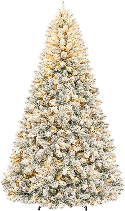7.5ft Lighted Snow Flocked Christmas Tree, 450 Multicolor LED Lights, Artificial Christmas Tree with 1446 Branch Tips, Metal Stand & Hinged Branches for Decoration, 10 Modes