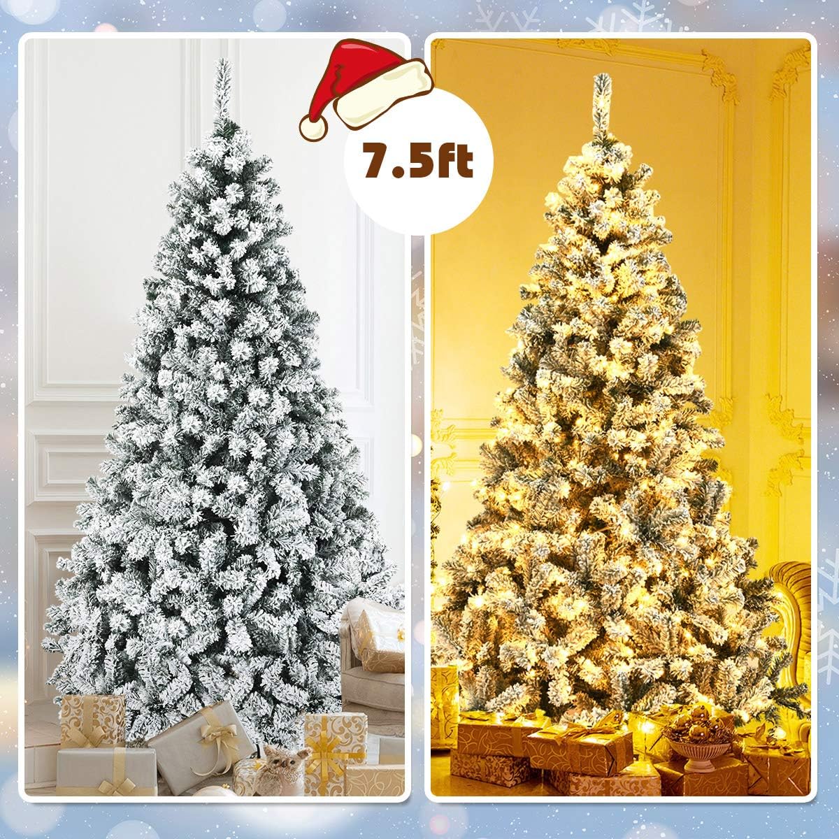 Goplus 7.5ft Pre-Lit Artificial Christmas Tree, Premium PVC Snow Flocked Hinged Pine Tree with Metal Stand and LED Lights, Perfect Xmas Decoration for Indoor and Outdoor