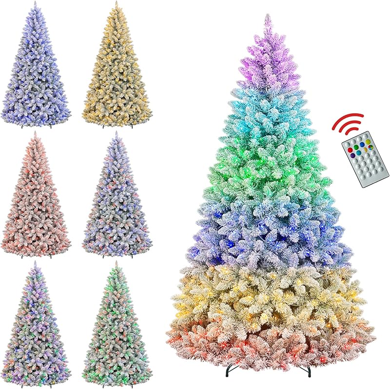 7.5ft Lighted Snow Flocked Christmas Tree, 450 Multicolor LED Lights, Artificial Christmas Tree with 1446 Branch Tips, Metal Stand & Hinged Branches for Decoration, 10 Modes