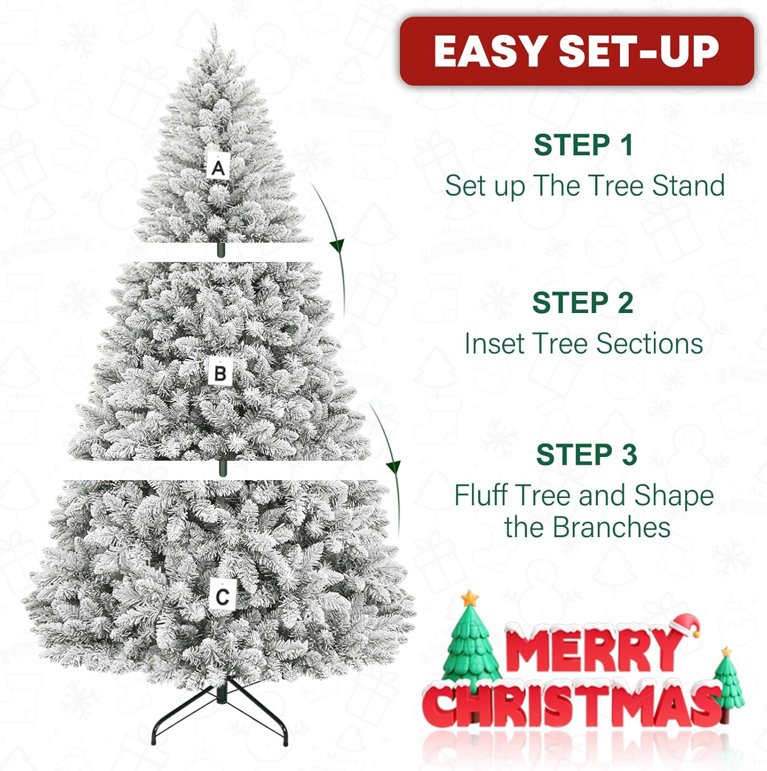 7.5ft Lighted Snow Flocked Christmas Tree, 450 Multicolor LED Lights, Artificial Christmas Tree with 1446 Branch Tips, Metal Stand & Hinged Branches for Decoration, 10 Modes