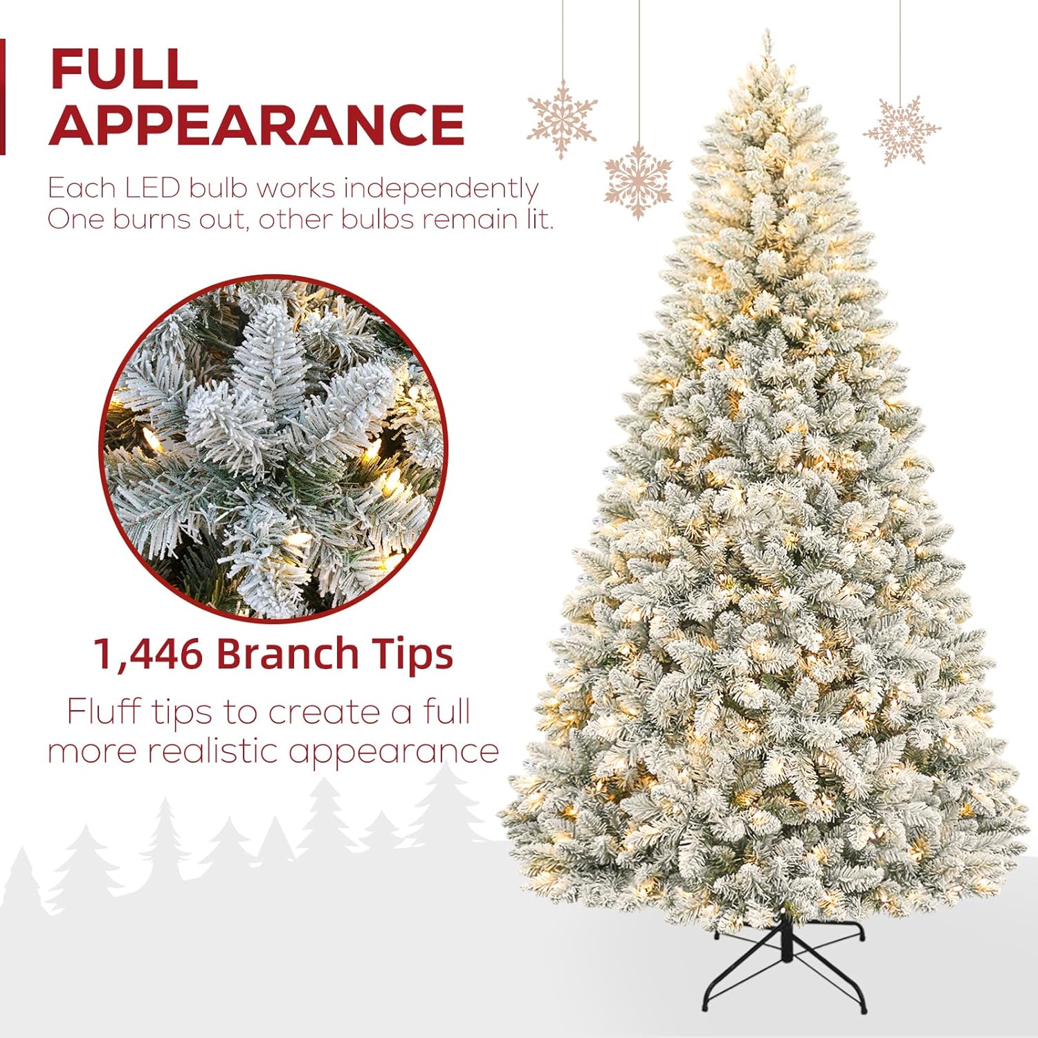 Hykolity 7.5 ft Snow Flocked Christmas Tree, Artificial Christmas Tree wih 450 Warm White Lights, 1446 Branch Tips, Metal Stand and Hinged Branches Included