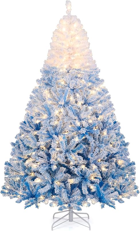 Goplus 7.5ft Pre-Lit Artificial Christmas Tree, Premium PVC Snow Flocked Hinged Pine Tree with Metal Stand and LED Lights, Perfect Xmas Decoration for Indoor and Outdoor