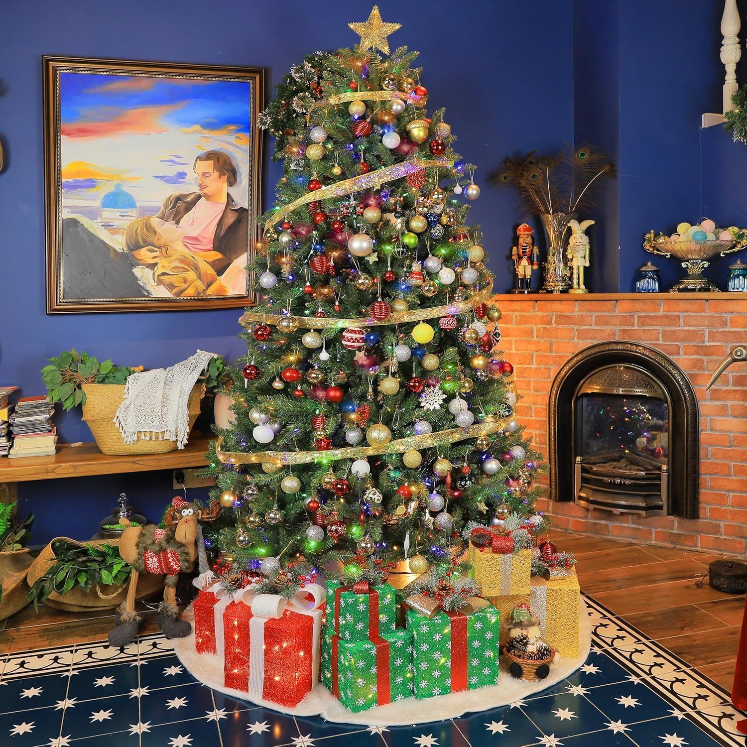 Hykolity 7.5 ft Prelit Christmas Tree, Artificial Christmas Tree with 450 Color Changing LED Lights, 1450 Tips, Metal Stand and Hinged Branches, 10 Color Modes