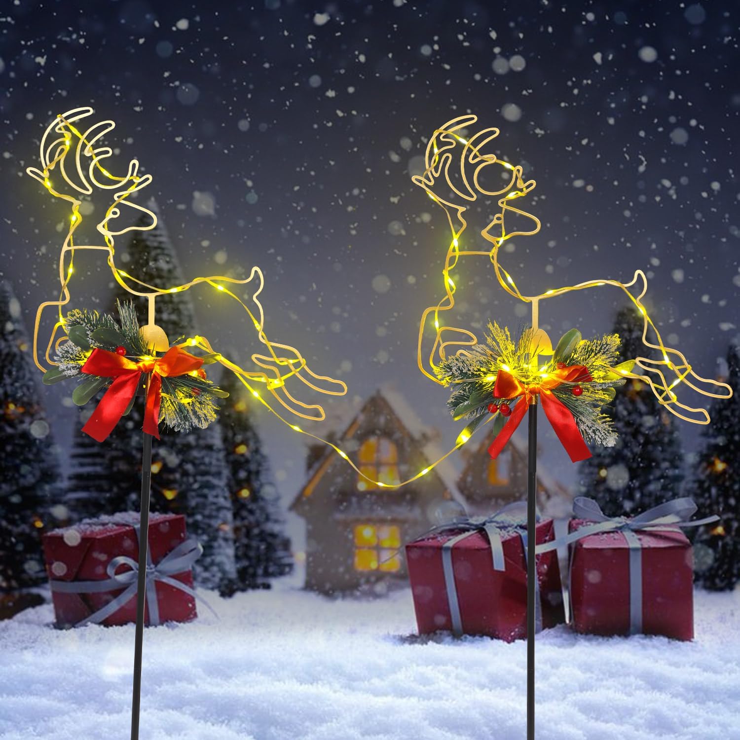 Metal Reindeer Christmas Decoration with LED Lights, Pine Leaves & Berry, 2 Pack Metal Christmas Yard Stakes for Garden, Lawn, Pathway, Porch Holiday Gift