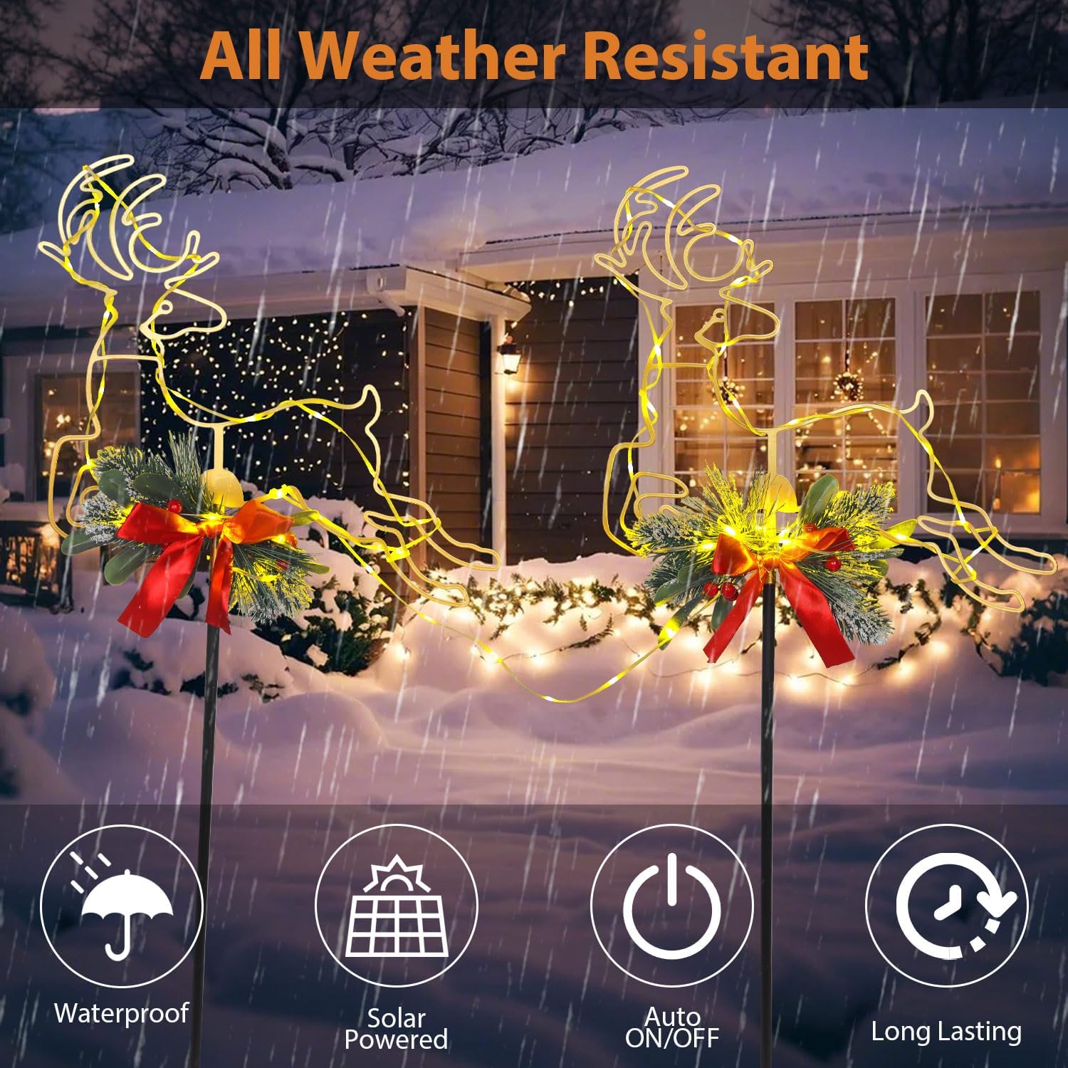 Metal Reindeer Christmas Decoration with LED Lights, Pine Leaves & Berry, 2 Pack Metal Christmas Yard Stakes for Garden, Lawn, Pathway, Porch Holiday Gift