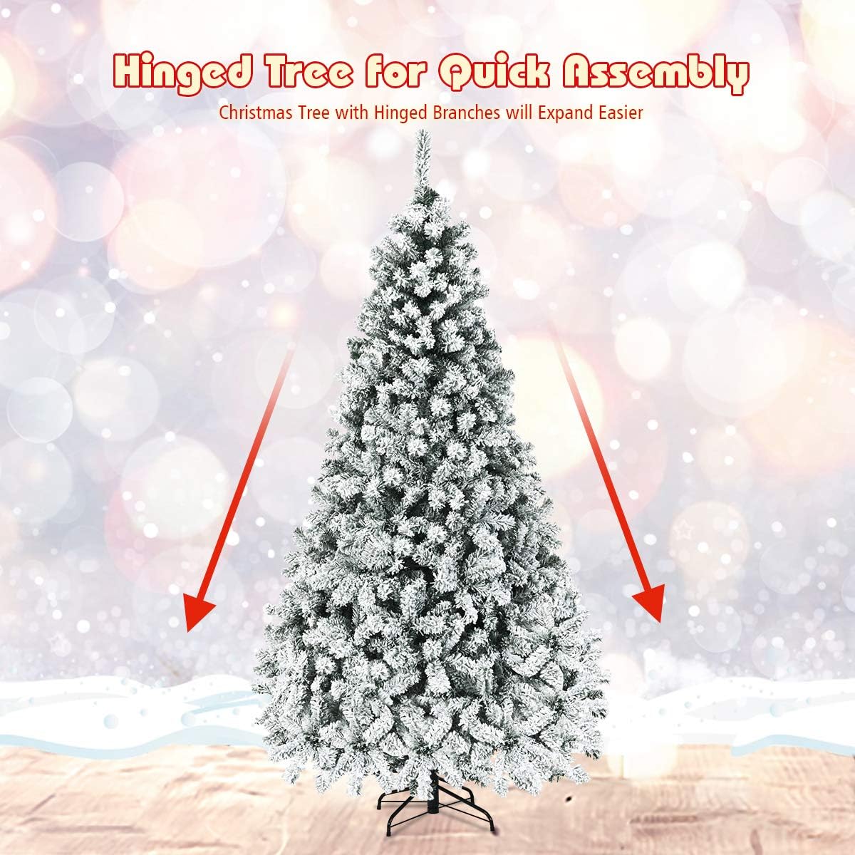 Goplus 7.5ft Pre-Lit Artificial Christmas Tree, Premium PVC Snow Flocked Hinged Pine Tree with Metal Stand and LED Lights, Perfect Xmas Decoration for Indoor and Outdoor