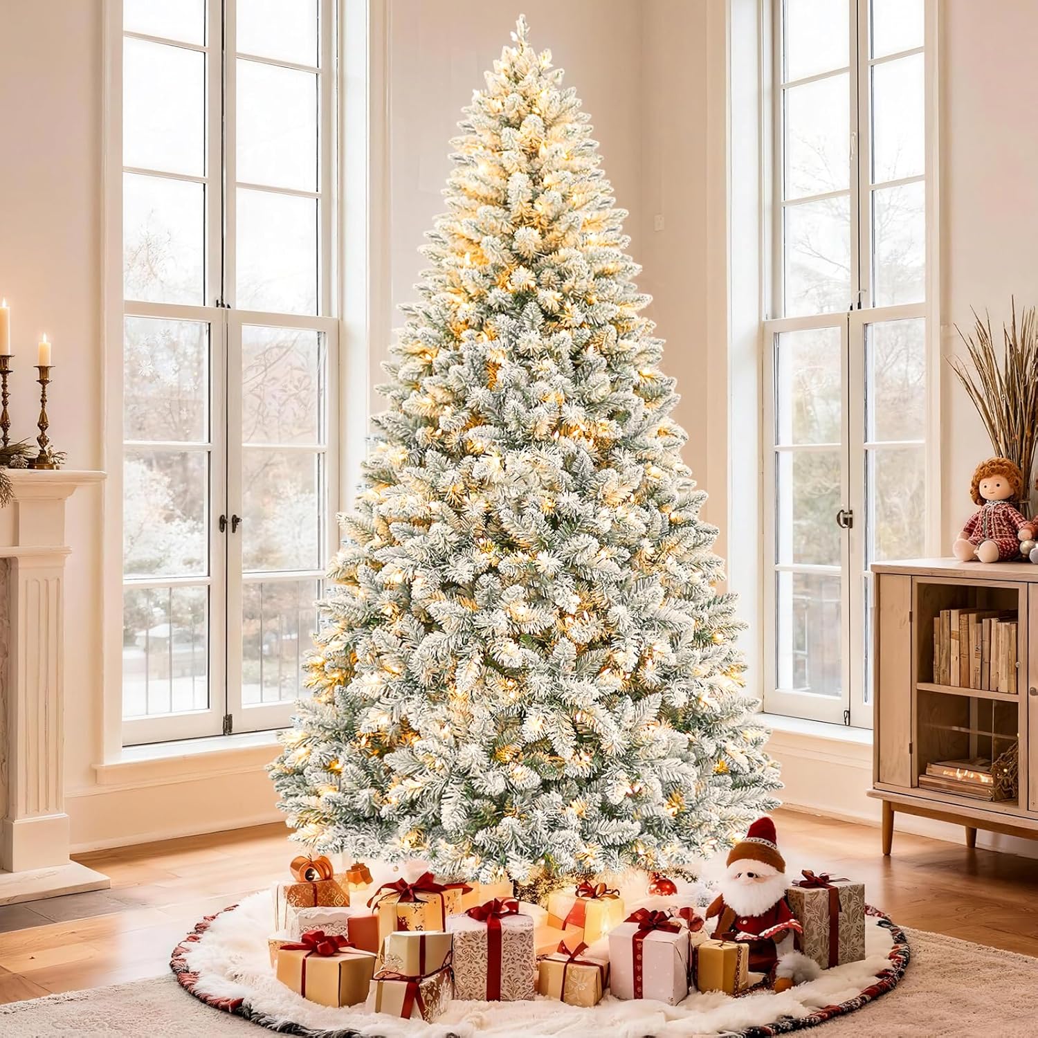 Hykolity 7.5 ft Snow Flocked Christmas Tree, Artificial Christmas Tree wih 450 Warm White Lights, 1446 Branch Tips, Metal Stand and Hinged Branches Included