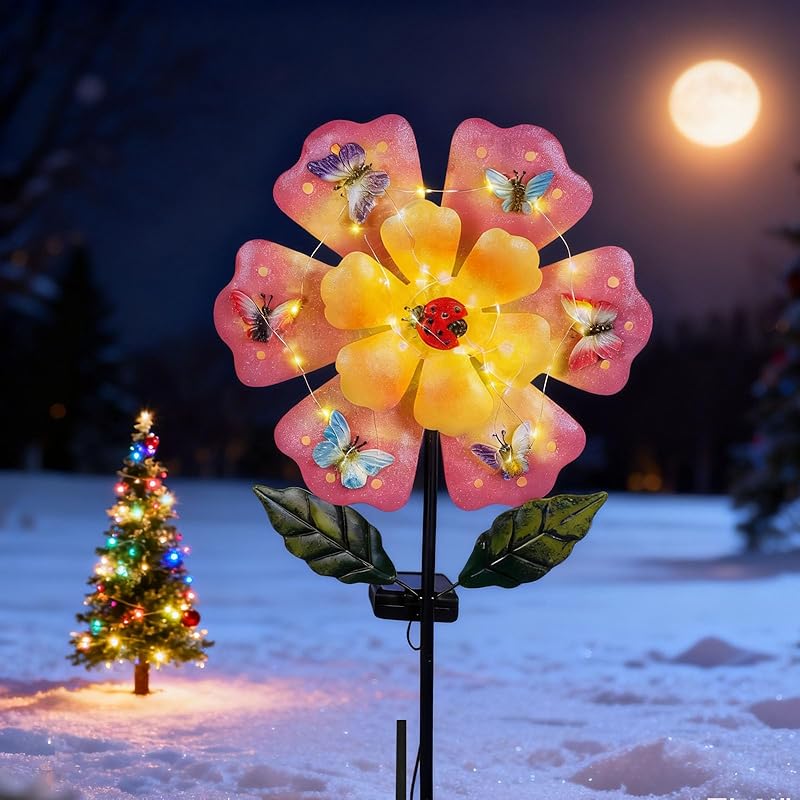 Metal Reindeer Christmas Decoration with LED Lights, Pine Leaves & Berry, 2 Pack Metal Christmas Yard Stakes for Garden, Lawn, Pathway, Porch Holiday Gift