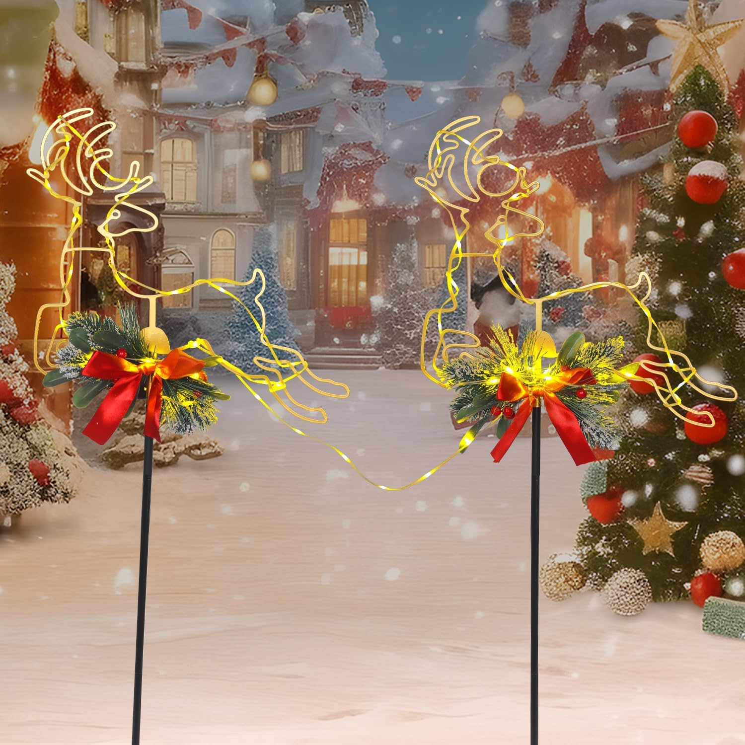 Metal Reindeer Christmas Decoration with LED Lights, Pine Leaves & Berry, 2 Pack Metal Christmas Yard Stakes for Garden, Lawn, Pathway, Porch Holiday Gift