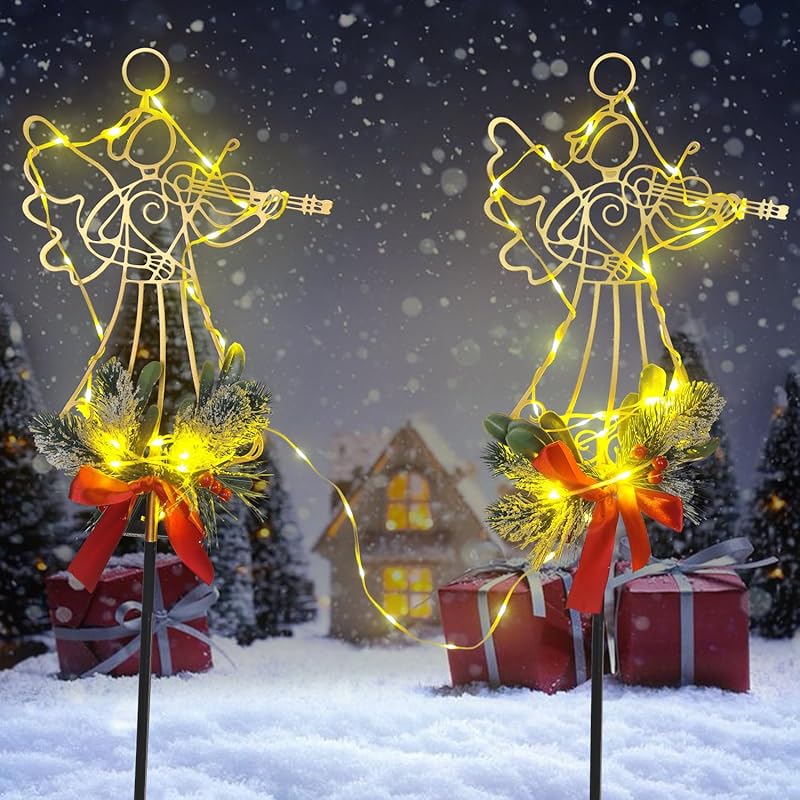 Metal Reindeer Christmas Decoration with LED Lights, Pine Leaves & Berry, 2 Pack Metal Christmas Yard Stakes for Garden, Lawn, Pathway, Porch Holiday Gift