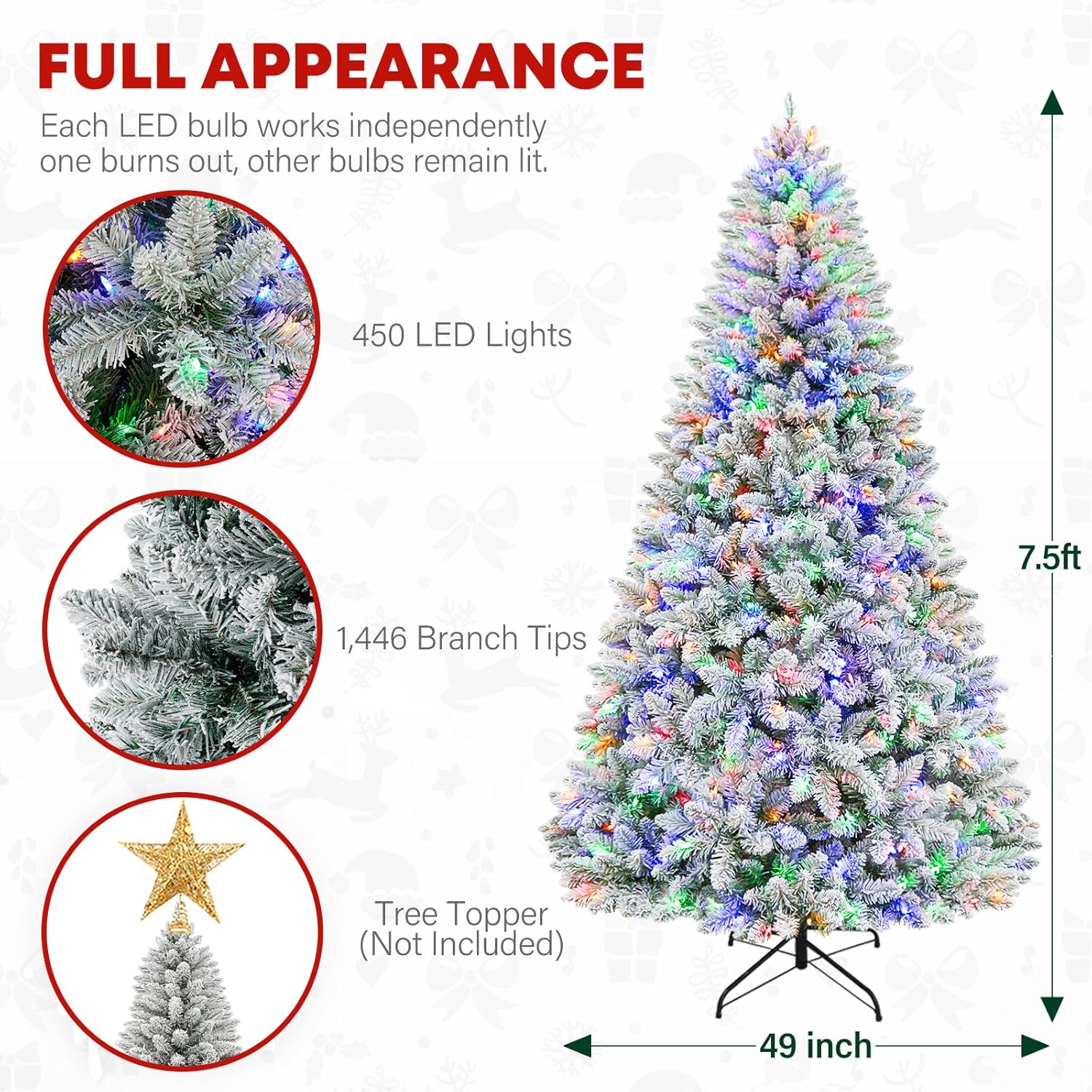 7.5ft Lighted Snow Flocked Christmas Tree, 450 Multicolor LED Lights, Artificial Christmas Tree with 1446 Branch Tips, Metal Stand & Hinged Branches for Decoration, 10 Modes