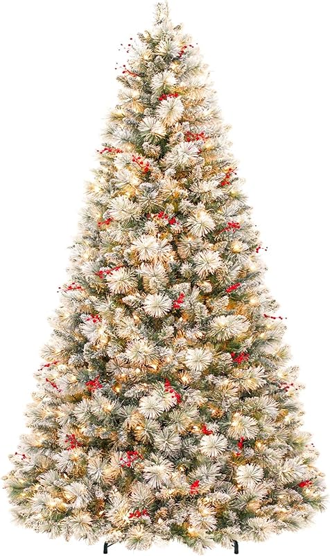 7.5ft Lighted Snow Flocked Christmas Tree, 450 Multicolor LED Lights, Artificial Christmas Tree with 1446 Branch Tips, Metal Stand & Hinged Branches for Decoration, 10 Modes