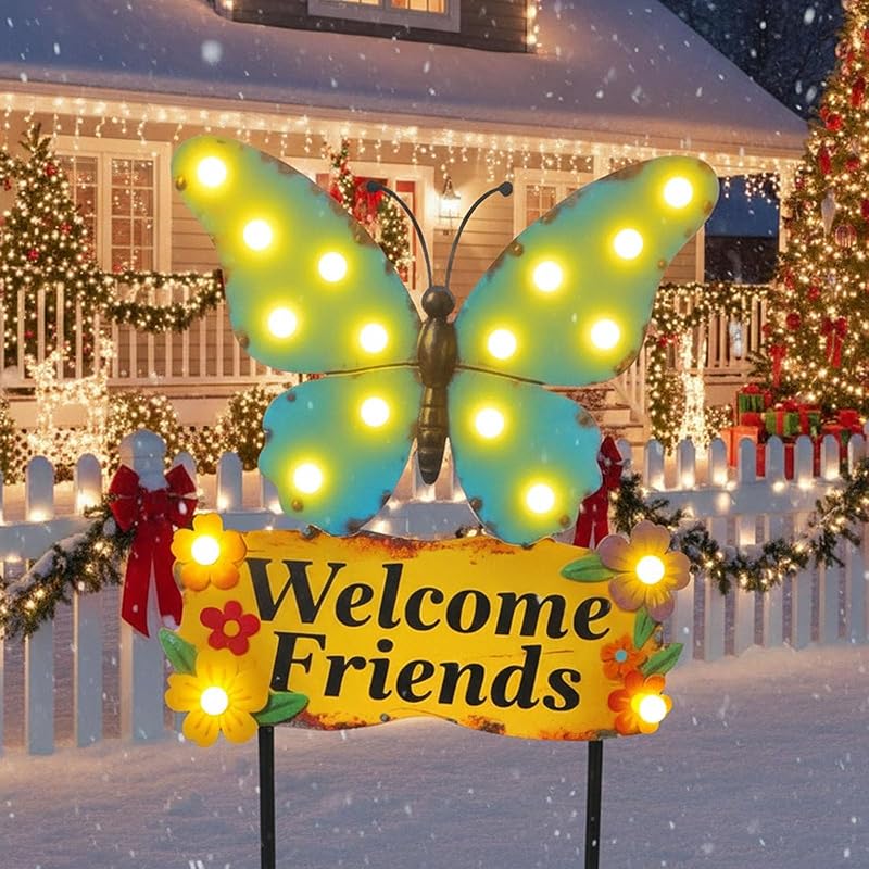 Metal Reindeer Christmas Decoration with LED Lights, Pine Leaves & Berry, 2 Pack Metal Christmas Yard Stakes for Garden, Lawn, Pathway, Porch Holiday Gift