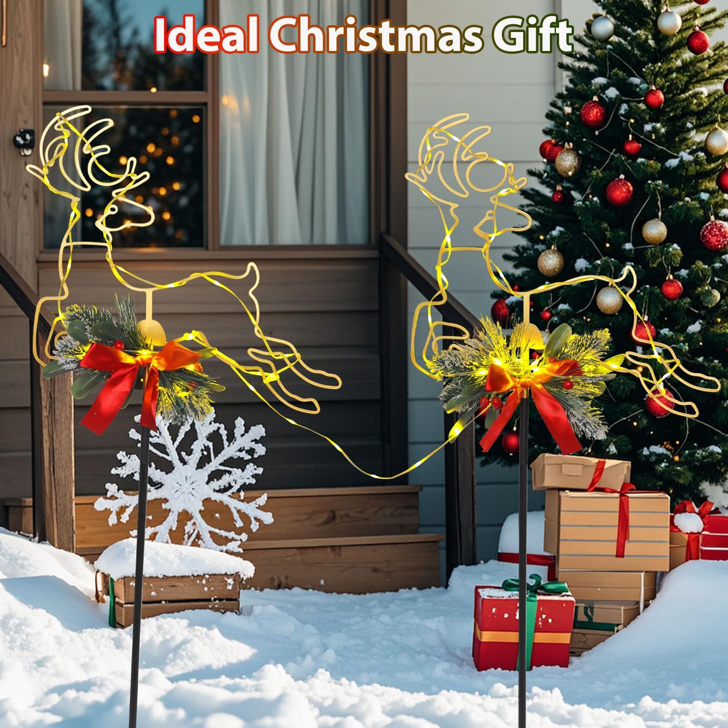 Metal Reindeer Christmas Decoration with LED Lights, Pine Leaves & Berry, 2 Pack Metal Christmas Yard Stakes for Garden, Lawn, Pathway, Porch Holiday Gift