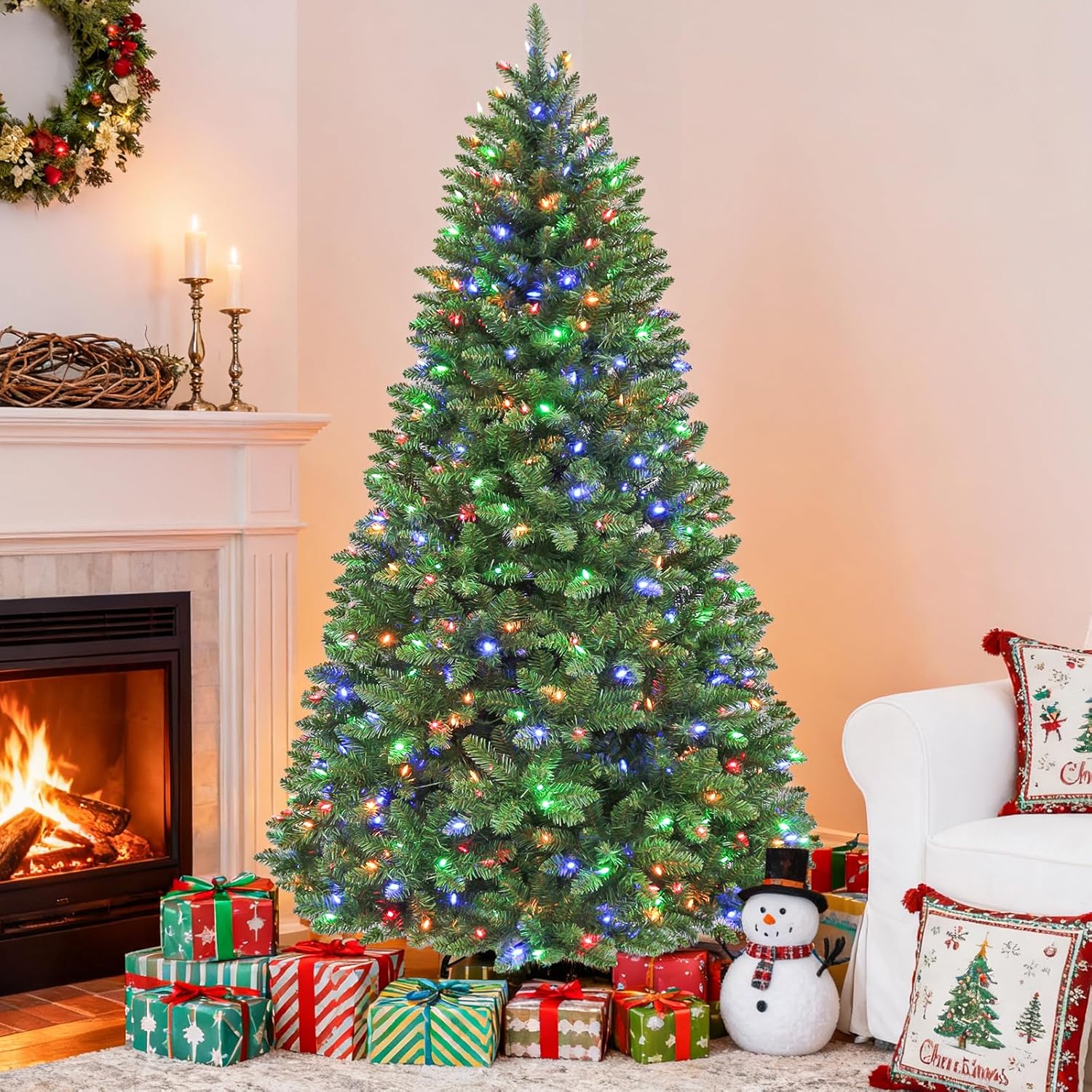 Hykolity 7.5 ft Prelit Christmas Tree, Artificial Christmas Tree with 450 Color Changing LED Lights, 1450 Tips, Metal Stand and Hinged Branches, 10 Color Modes