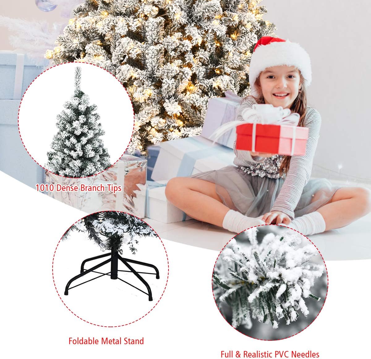 Goplus 7.5ft Pre-Lit Artificial Christmas Tree, Premium PVC Snow Flocked Hinged Pine Tree with Metal Stand and LED Lights, Perfect Xmas Decoration for Indoor and Outdoor
