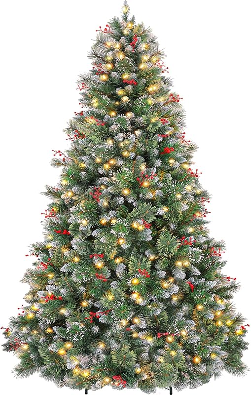 7.5ft Lighted Snow Flocked Christmas Tree, 450 Multicolor LED Lights, Artificial Christmas Tree with 1446 Branch Tips, Metal Stand & Hinged Branches for Decoration, 10 Modes