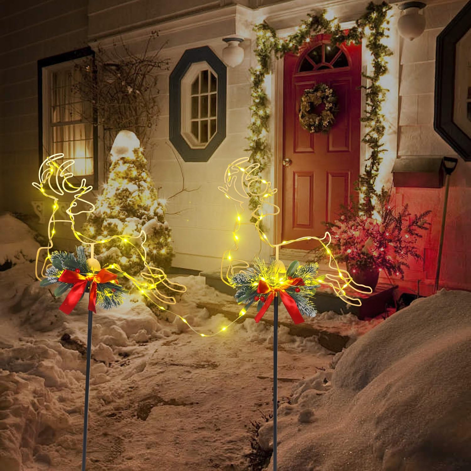 Metal Reindeer Christmas Decoration with LED Lights, Pine Leaves & Berry, 2 Pack Metal Christmas Yard Stakes for Garden, Lawn, Pathway, Porch Holiday Gift