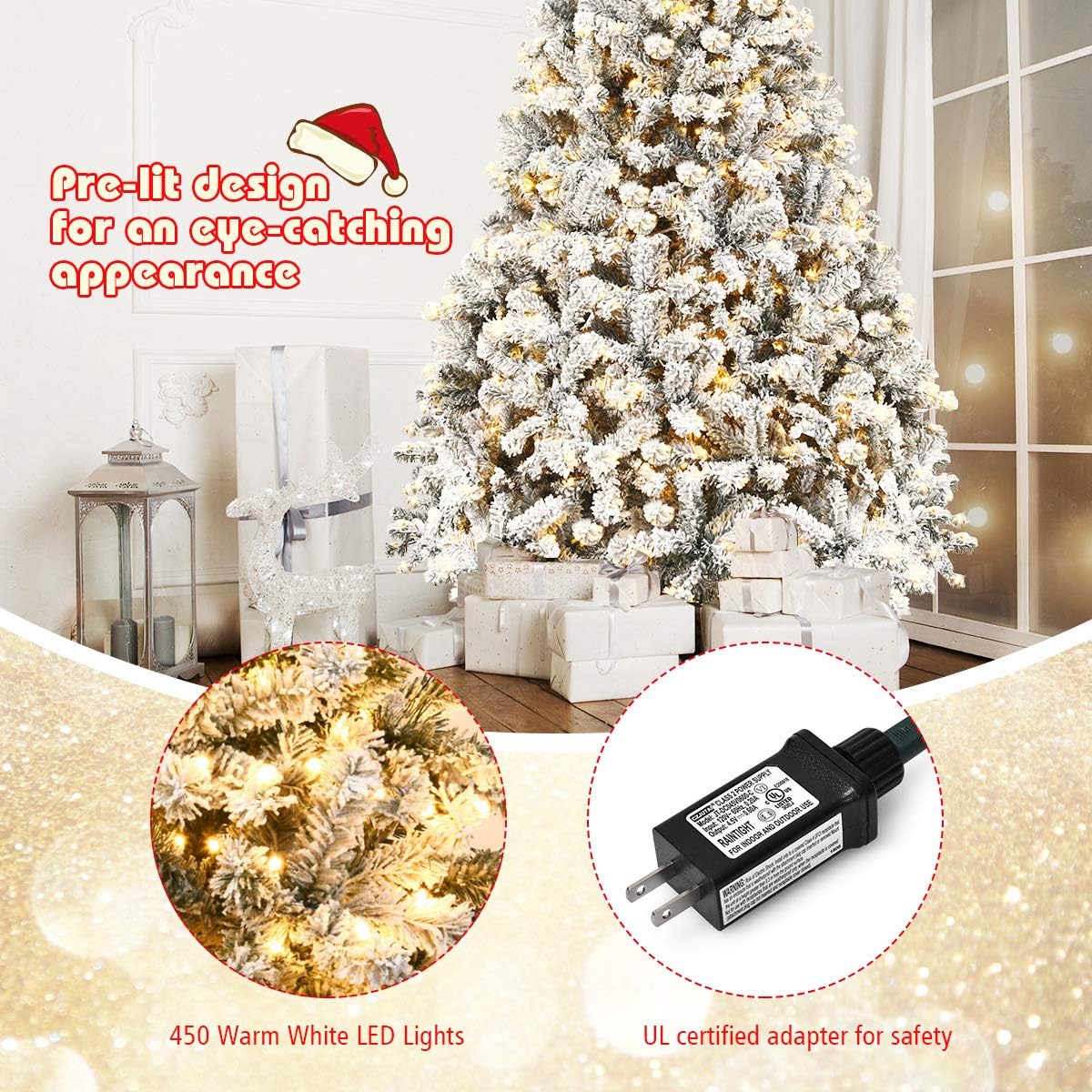 Goplus 7.5ft Pre-Lit Artificial Christmas Tree, Premium PVC Snow Flocked Hinged Pine Tree with Metal Stand and LED Lights, Perfect Xmas Decoration for Indoor and Outdoor