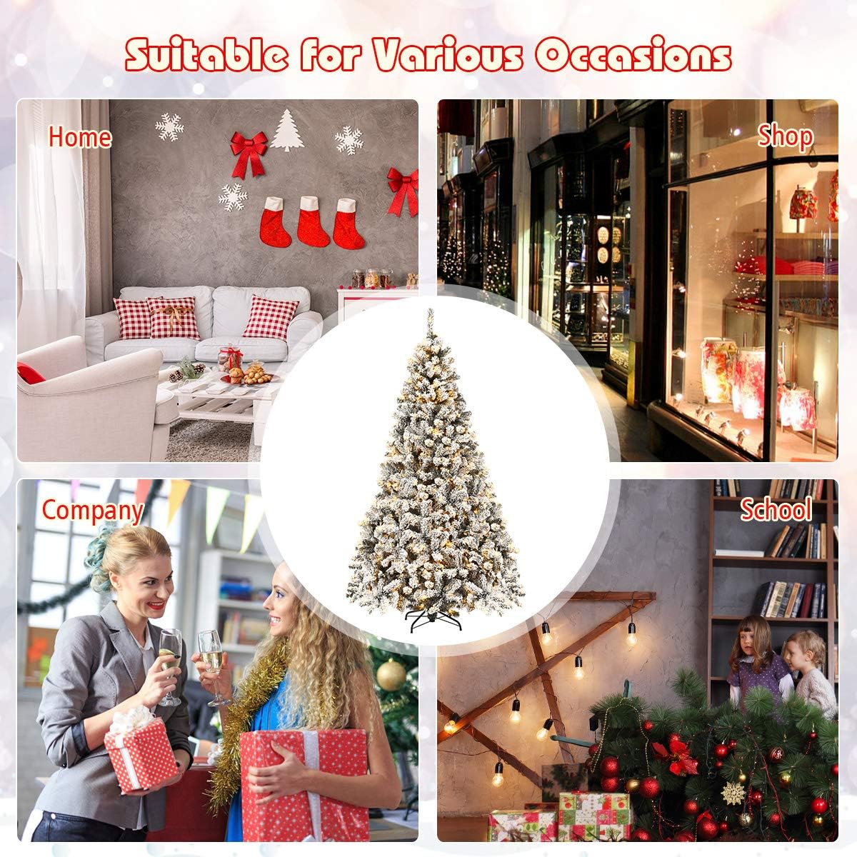 Goplus 7.5ft Pre-Lit Artificial Christmas Tree, Premium PVC Snow Flocked Hinged Pine Tree with Metal Stand and LED Lights, Perfect Xmas Decoration for Indoor and Outdoor