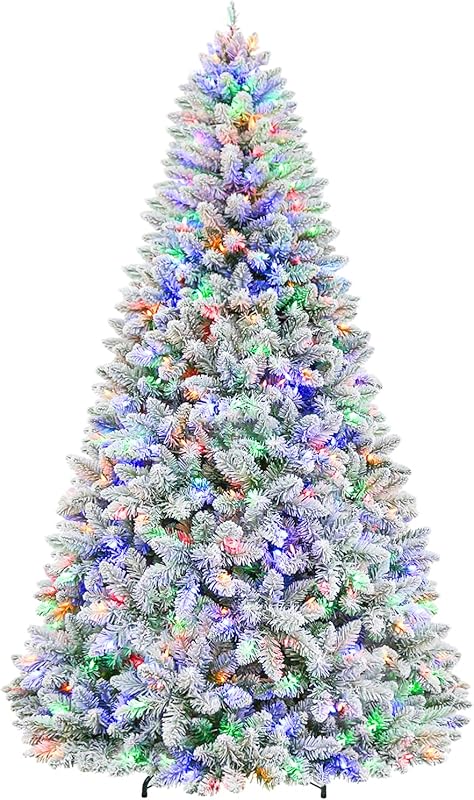 7.5ft Lighted Snow Flocked Christmas Tree, 450 Multicolor LED Lights, Artificial Christmas Tree with 1446 Branch Tips, Metal Stand & Hinged Branches for Decoration, 10 Modes